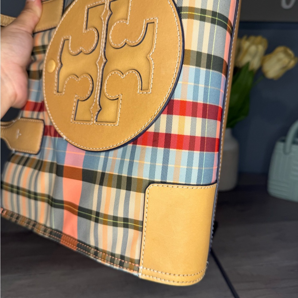 Tory Burch Plaid Tote Bag in Multicolor with Tan Leather Trim - Picture 6 of 16